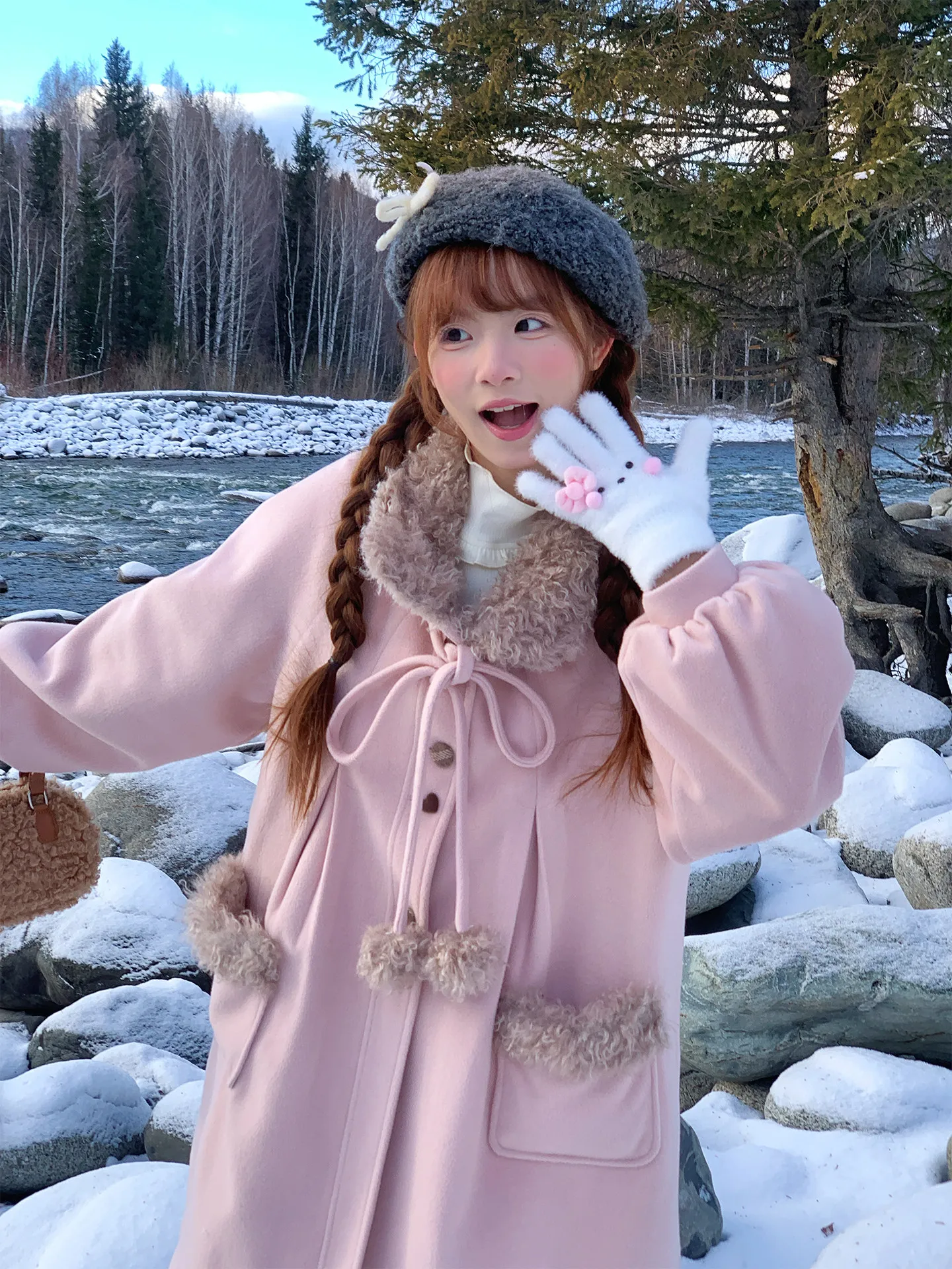 Estilo japonés elegante dulce rosa con cordones cuello de lazo abrigo de lana de un solo pecho suelto versátil acolchado chaquetas largas mujer invierno