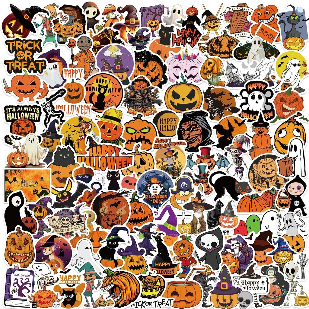 100 Stück Halloween-Kürbis-dekorative Graffiti-Aufkleber – wasserdicht für Handyhüllen, Skateboards und Gepäck (Anime Worlds Store)