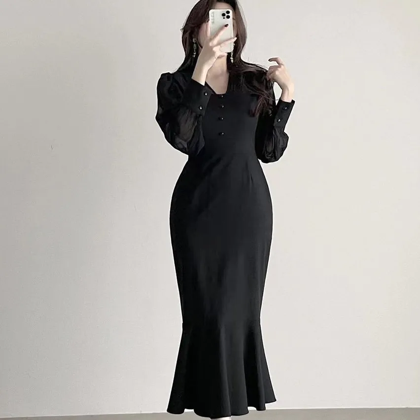 

High Waist Tight Career Office Lady Dress Spring Square Neck Long Sleeve Mermaid Black Dress Korean One Piece Elegant OL Dress