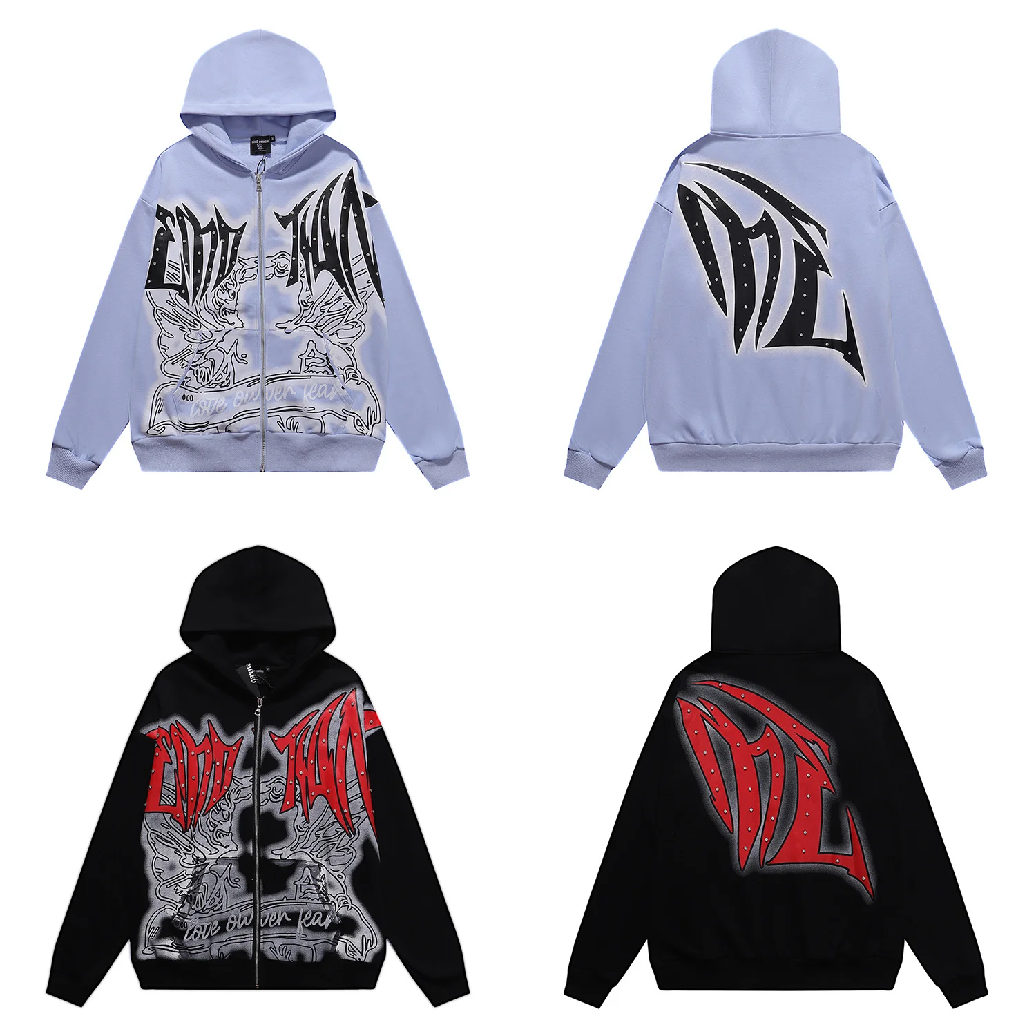 

Mixed Emotion Street Retro Print Rhinestone Letter High Street ex Open Cardigan Hoodie Casual Loose Fit Long Sve Sweat...