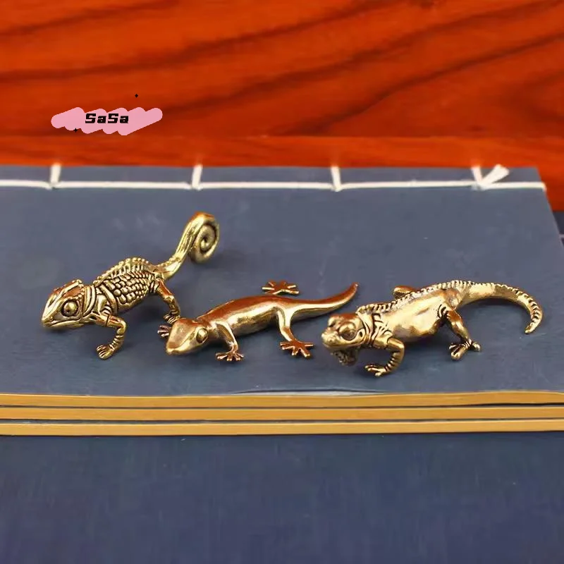 1Pc Antique Brass Gecko Figure Home Decor Small Ornaments Animal Figurines Tea Pet Desk Accessories