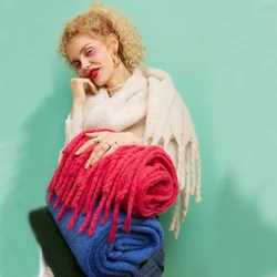 Bufanda de invierno de marca de diseñador para mujer, chales cálidos de Cachemira de Color sólido, bufandas de manta de Pashmina con borlas largas