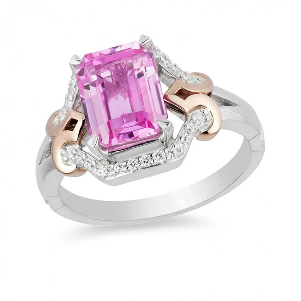 HESHI Copper Alloy Temperament Romantic Aurora Pink Zircon Rectangular Crown Ring for Women Men