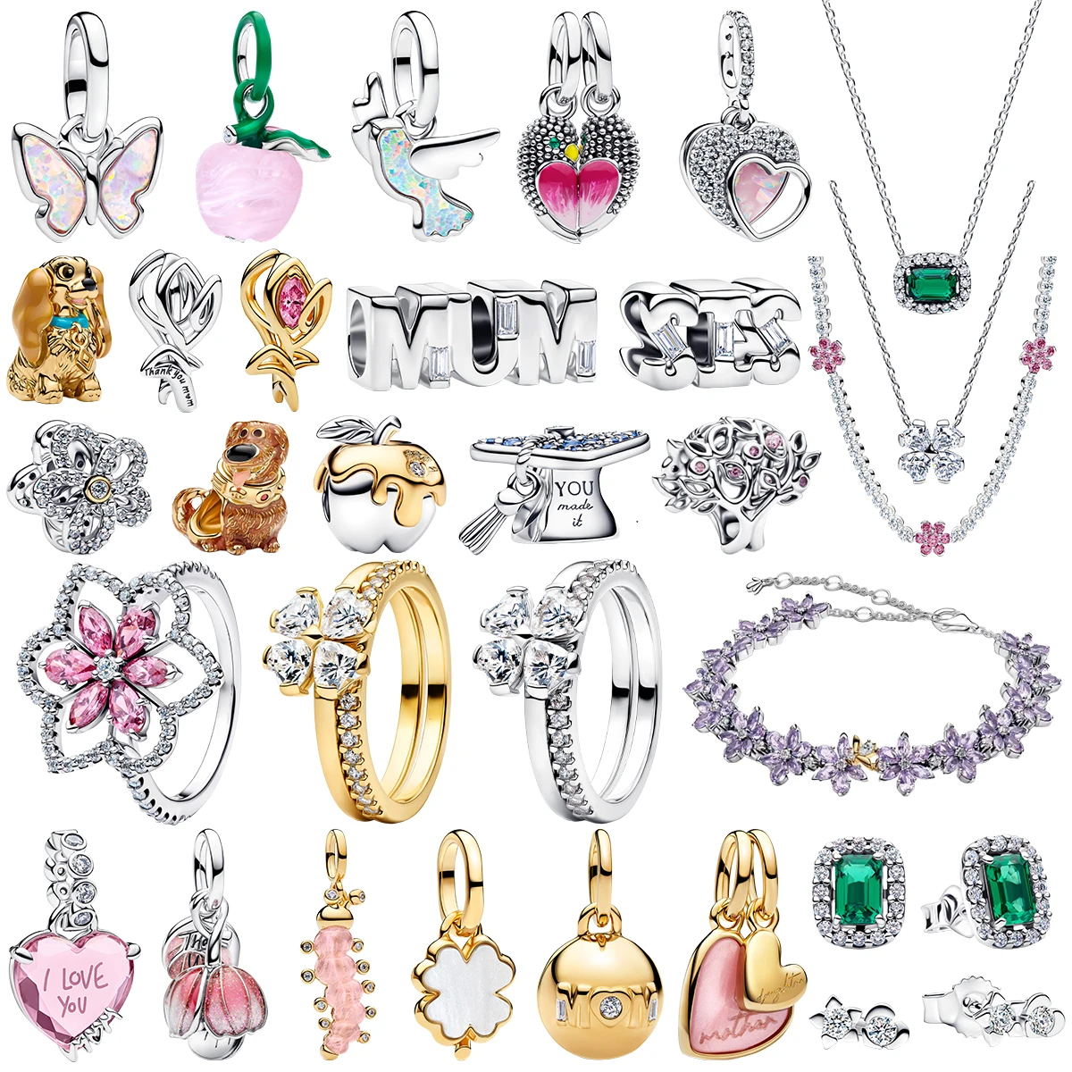 New S925 Silver Charms Bead Apple Heart Pigeon Flower Keychain Lock Butterfly Rings Pendent Necklace DIY Bracelets Gift Jewelery