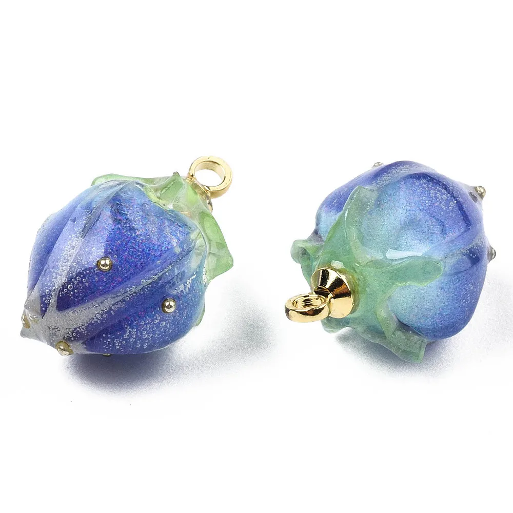2pcs Handmade Epoxy Resin Flower Pendants with Brass Peg Bails and Glass Micro Beads Bud Medium Purple 14~15x9~10x9~10mm