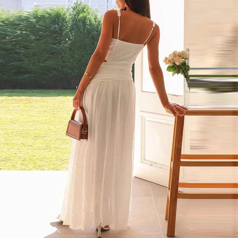 Simple Solid Color Hollow Backless Women's Dress New Summer Casual Sleeveless Pleated Long Dress Fashion Lady V-neck Robe Dress