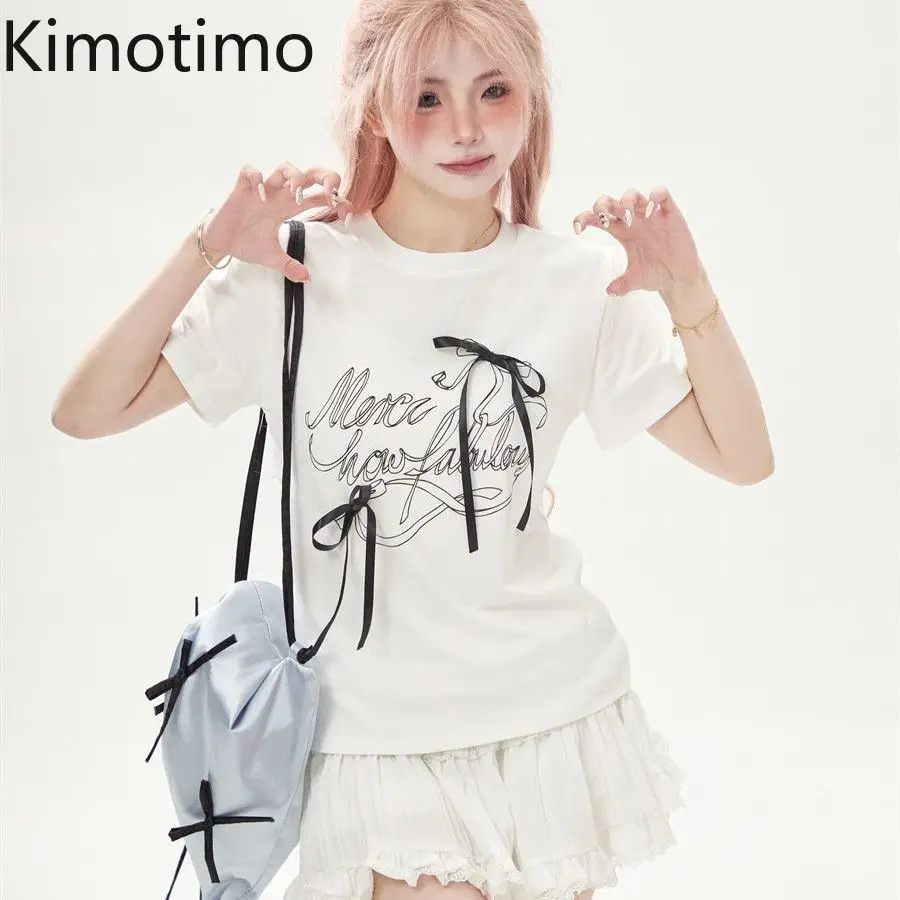 Kimotimo Kawaii Women Short Sleeve T-shirt Letter Print Bow Decor Crew Meck Slim Crop Top Summer Sweet Y2k Aesthetic Casual Tees