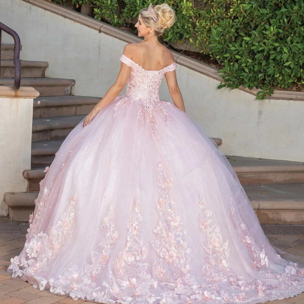 Vestidos Elegantes de quinceañera con hombros descubiertos, lentejuelas brillantes, apliques, vestido de baile rosa de lujo, dulce mexicano, 16, 15 años