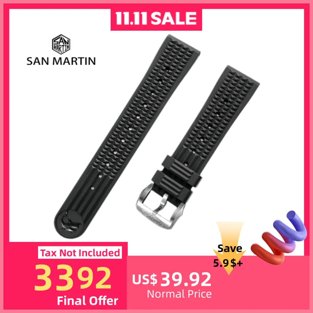 

San Martin 20mm Black Waffle Pattern FKM Rubber Watch Band Waterproof Watch Strap Comfortable To Wear Watchbands Durable SF0007