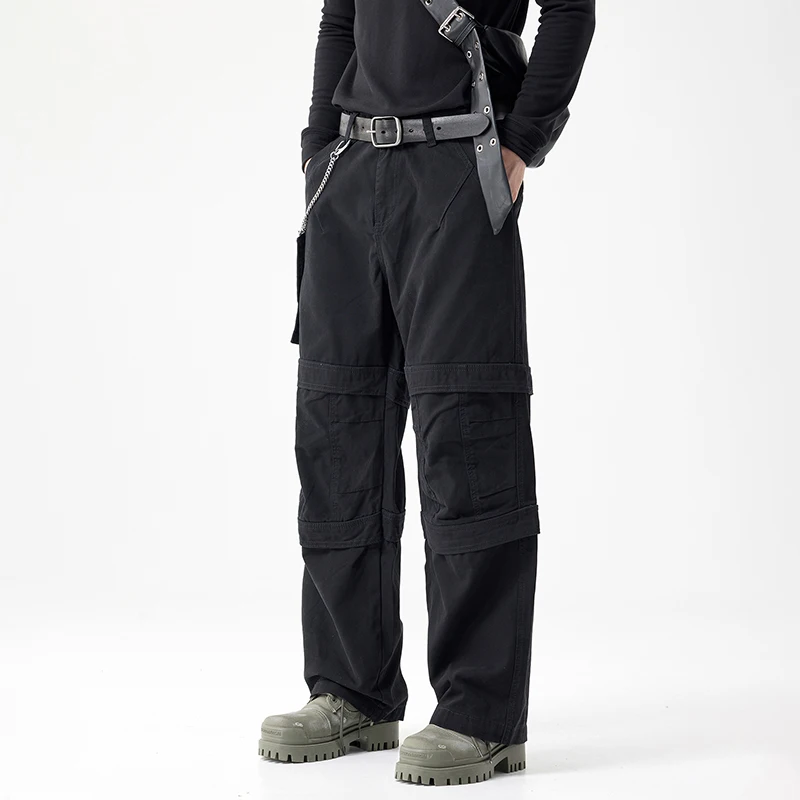 High-end American tide black wide-legged pants work pants men's loose straight trend gang handsome men's jeans Streetwear