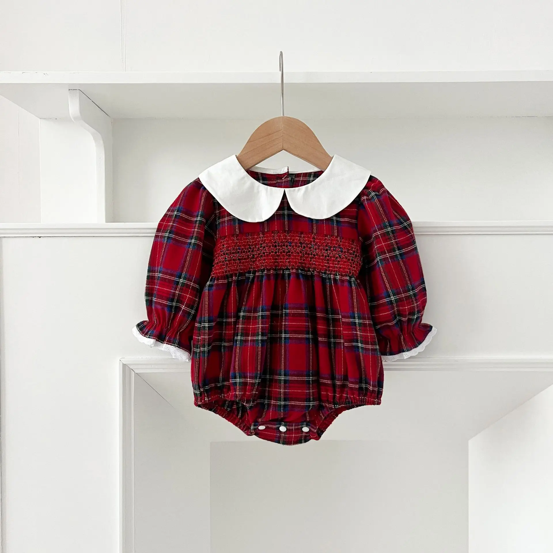 Neue Weihnachten Kleinkind Baby Mädchen Strampler Lange Ärmel Grid Strampler Herbst Neugeborenen 0-24M Spleißen Infant Baby mädchen Rot Overall – Detail 2