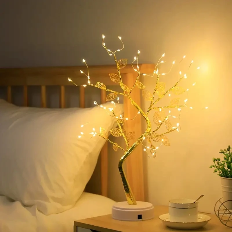 1PC Golden Leaf Led Touch Copper Wire Night Light Tree Light Battery Box USB Christmas Decoration Light String