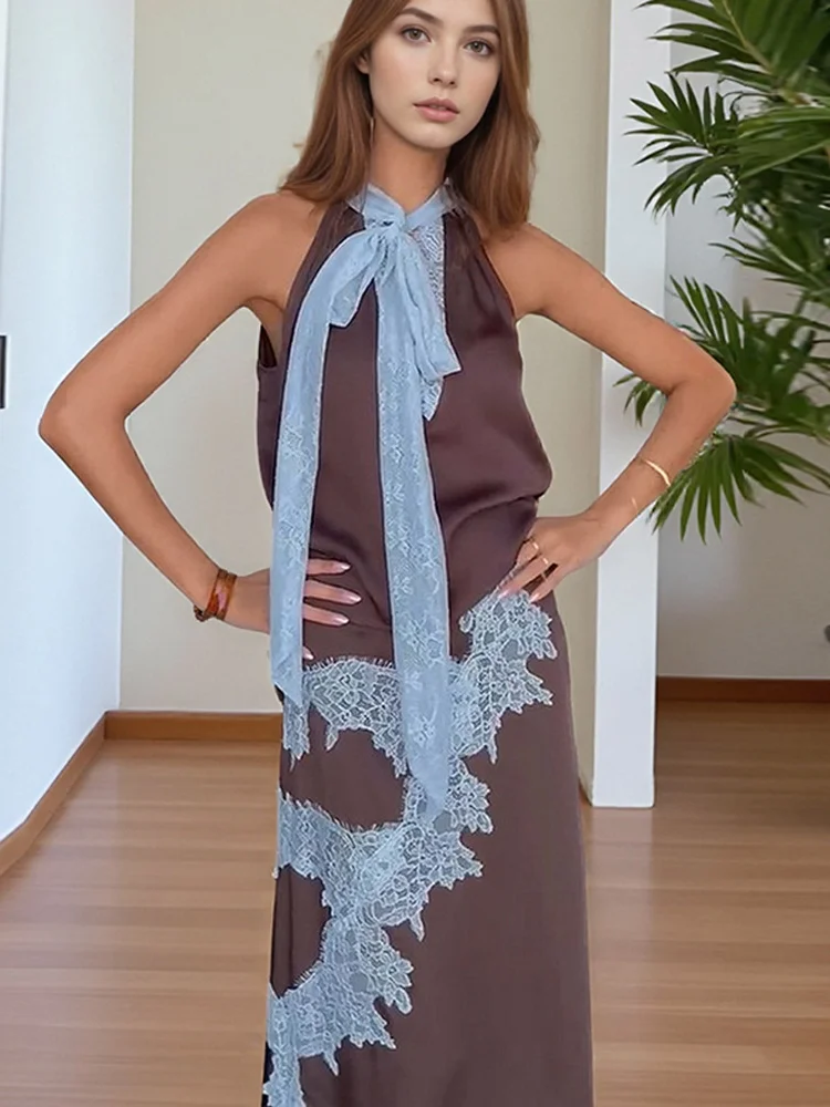 التباين المرقعة الدانتيل ماكسي تنورة دعوى المرأة الساتان الخامس الرقبة أكمام التنانير الدعاوى 2025 سيدة الصيف عادية اليومية 2 قطعة مجموعة