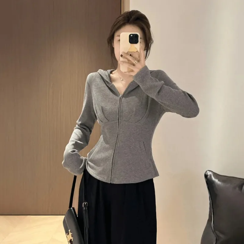 Plus Size Women Fall Hooded Zip Up Cardigan Long Sleeve Fitted Waist Slim Fit Shoulder Casual Outerwear