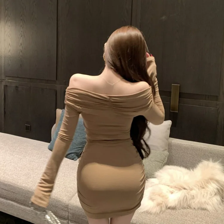 Ele Long Sve One oulder Pleated Slimming Wrap Bodycon Dr Korean Sle High Waist Commute ort Skirt H-ape