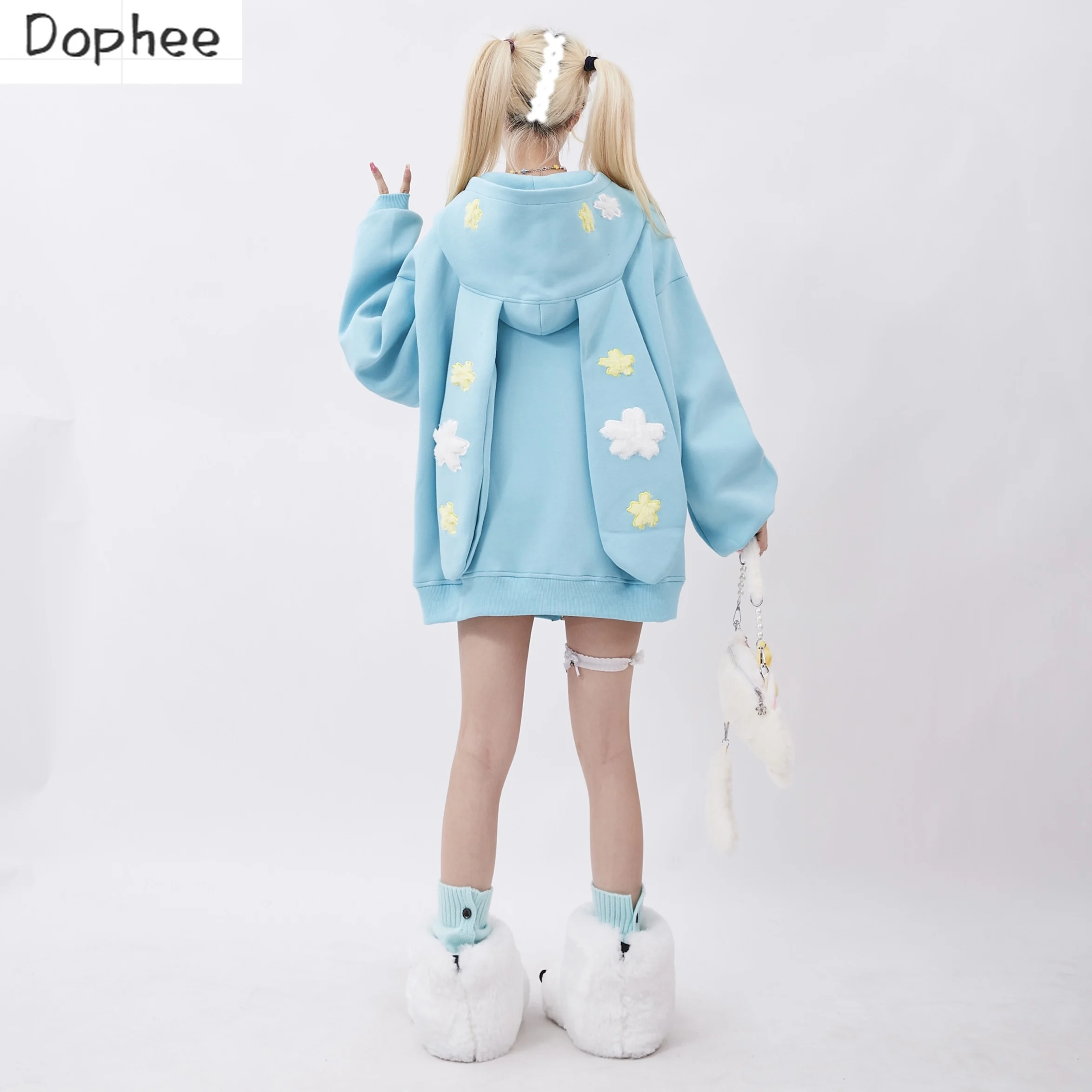 

Dophee Original Cute Students Sweatshirt New Autumn Bunny Ears Hooded Zip Cardigans Top Y2K Dopamine Long Sleeve Casual Hoodies