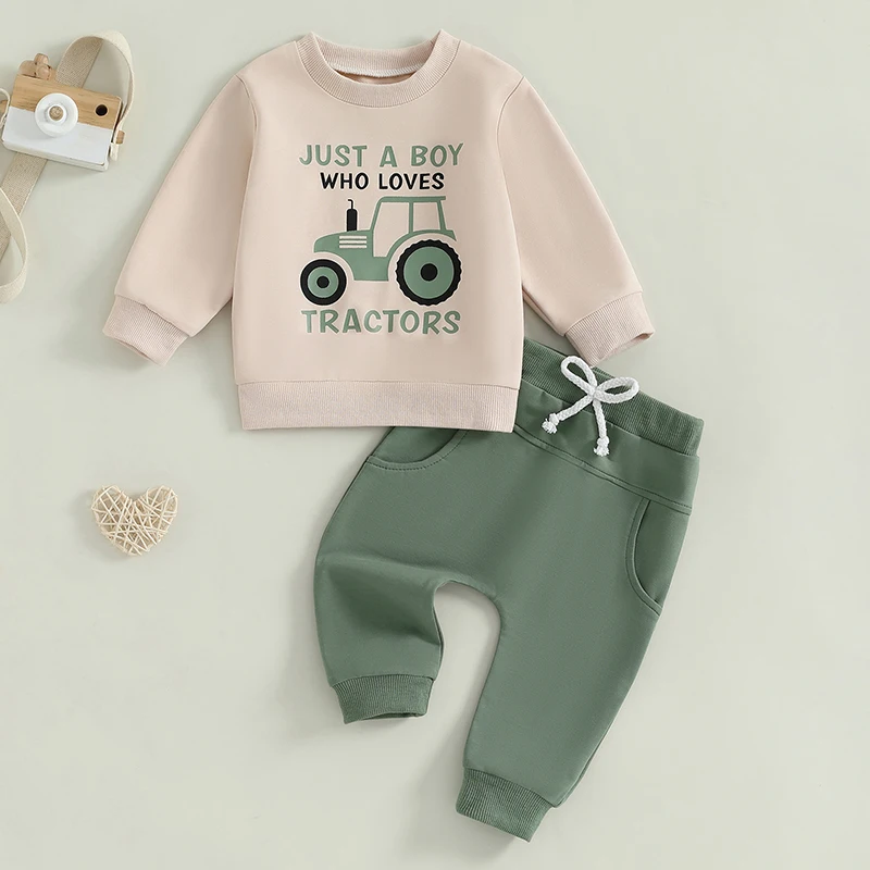 EWODOS 1-5 Y Baby Boy Fall Outfits Long Sleeve Tractor Graphic Tops + Pants Set Toddler Warm Clothes Casual Cute Green Sets