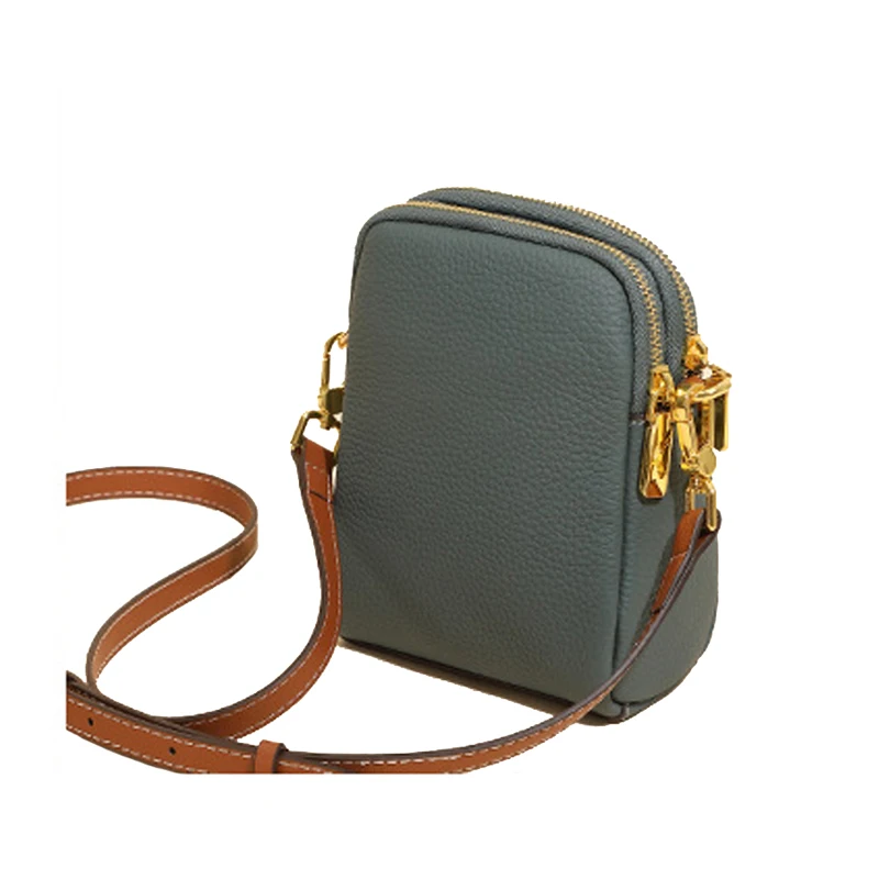 2 compartimentos com zíper, bolsa de ombro de couro genuíno feminino, couro togo, 100% pele de vaca real cruz corpo saco do mensageiro, q009