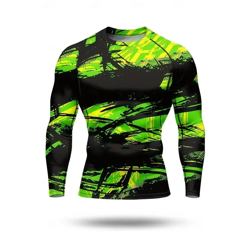 Men Neon Graffiti Scribble Print Quick Dry Compression Long Sleeve Swim Rash Guard Athletic Tops
