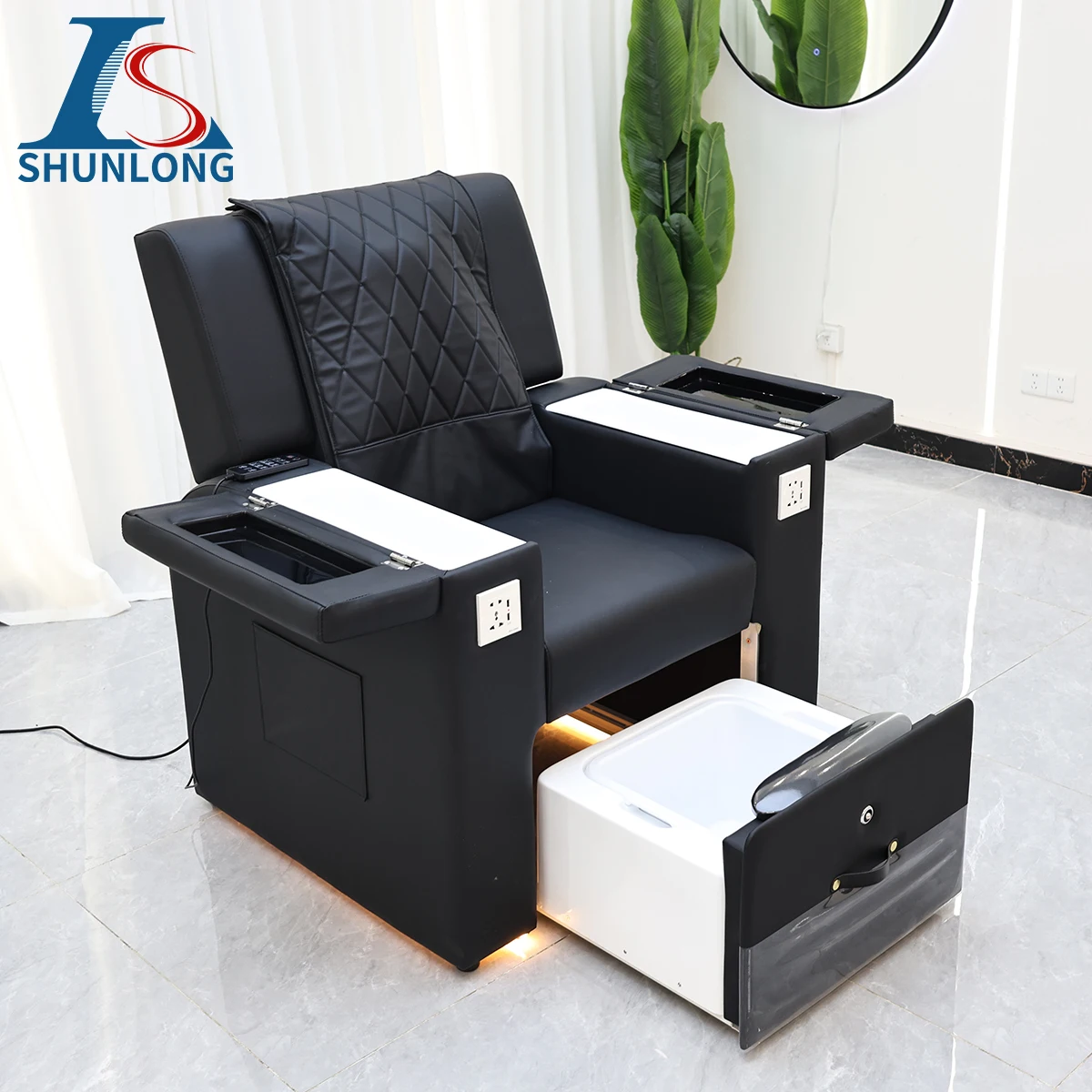 Electric Reclining Pedicure Chair with Removable Foot Basin, Nail Salon SPA Foot Massage Sofa with LED Light & Power Socket