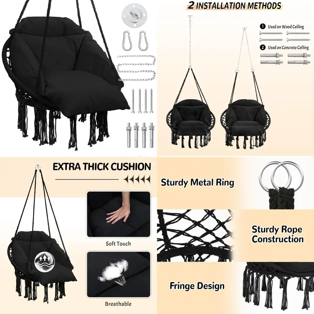 

Oversized Cushioned Macrame Hammock Swing Chair - Ideal for Bedrooms, Porches, Kids, Adults, Balconies - Black