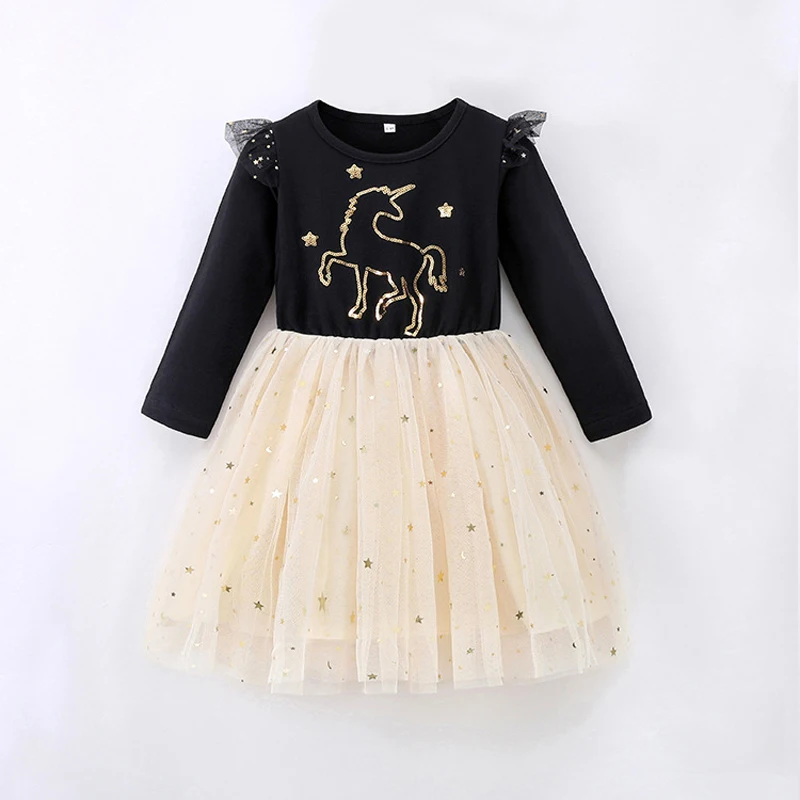 Little maven 2024 neonate maniche lunghe vestito ragazza maglia abiti da festa unicorno paillettes bambini bambini vacanze abiti da principessa