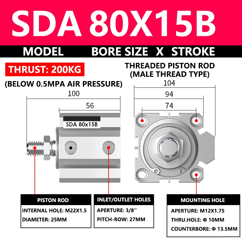 ABILKEEN SDA80X15B SDA Series Thin Air Cylinder 80MM Male Thread Bore X 15MM Stroke Double Acting Pneumatic Compact Cylinder