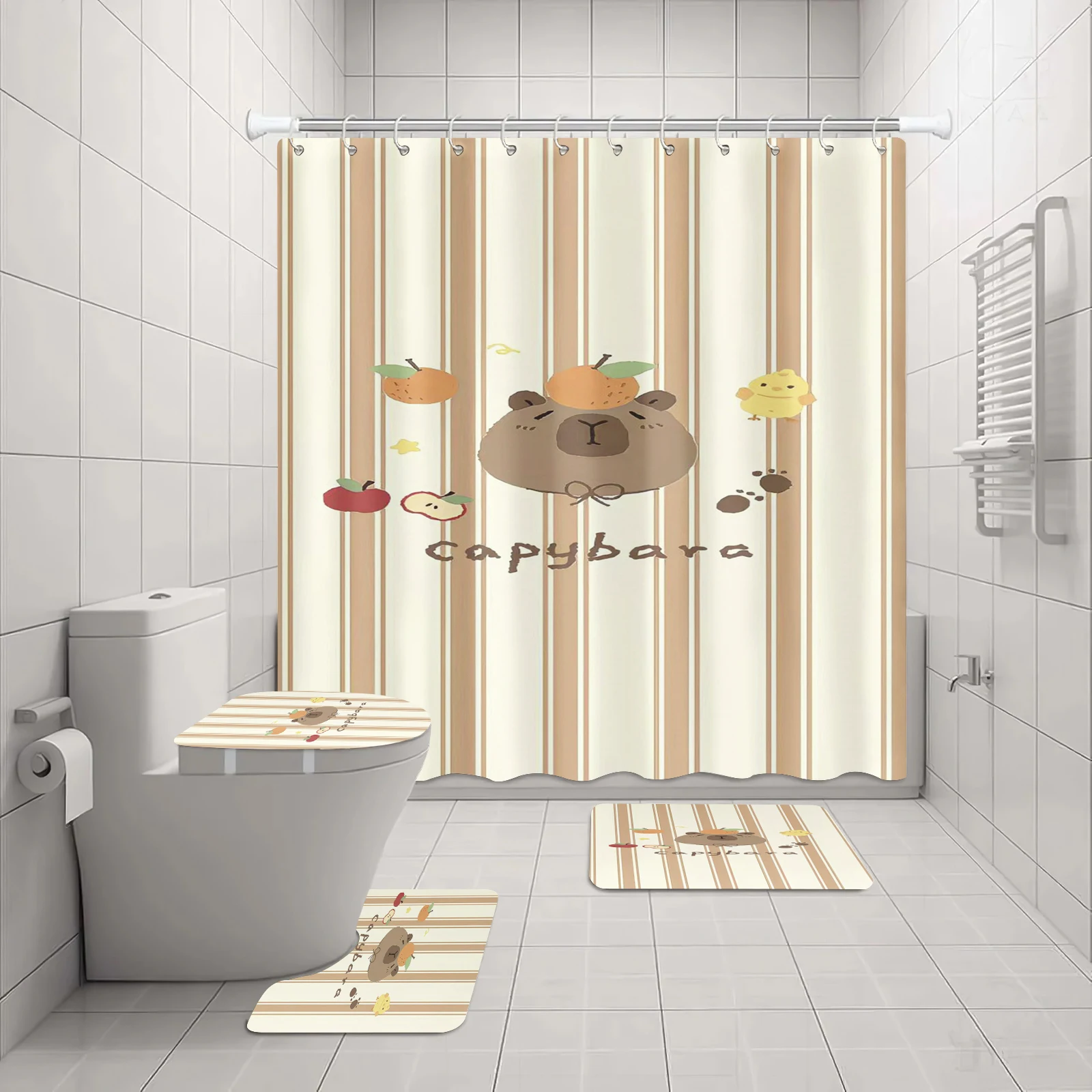 Cartoon Capybara Shower Curtain Bathroom Curtains Set Cute Anime General Decorations 4 Pcs Anime Hangings Accessories