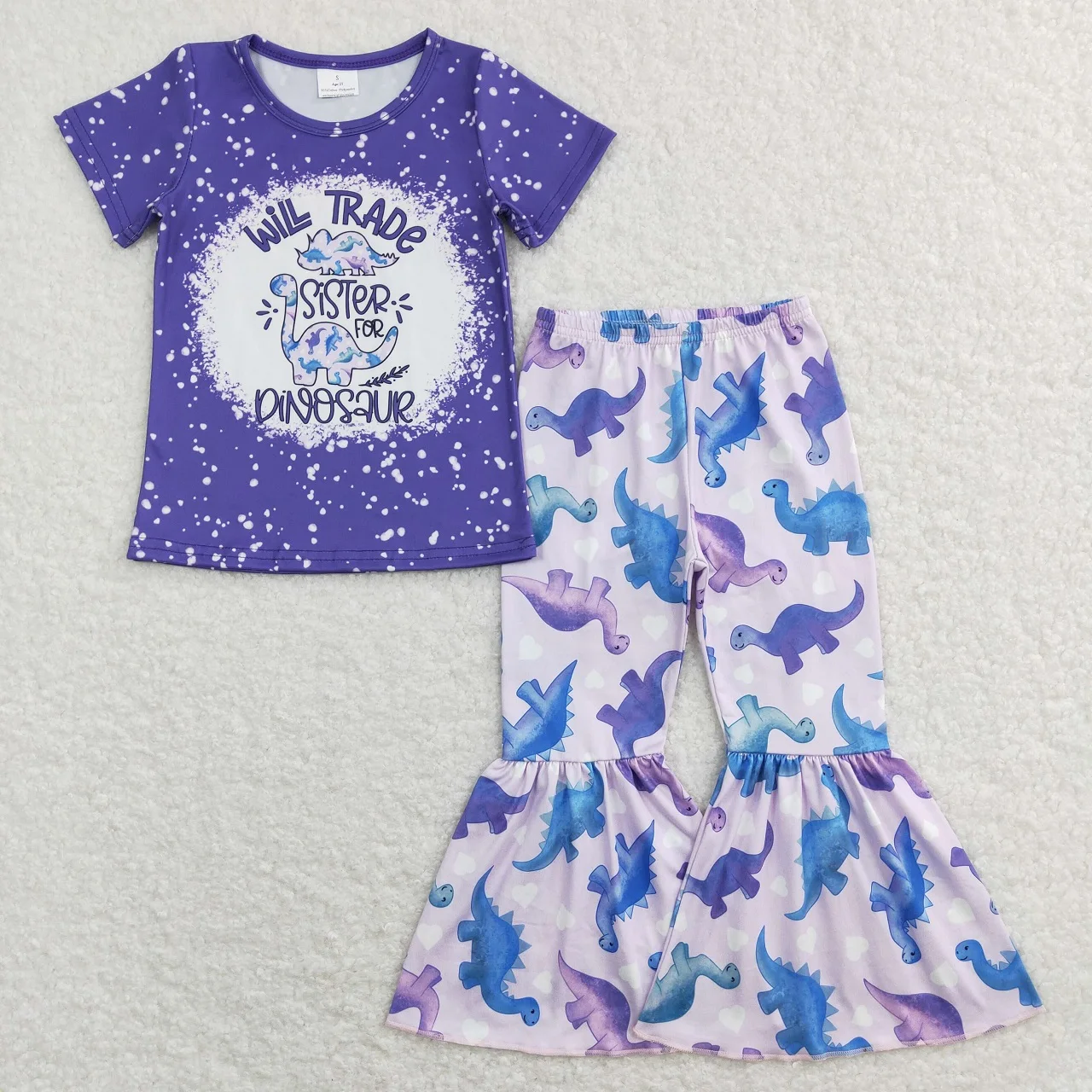 

Wholesale Baby Girls Toddler Short Sleeves Purple T-shirts Kids Dinosaurs Bell Bottom Pants Infant Outfit Infant Children Sets