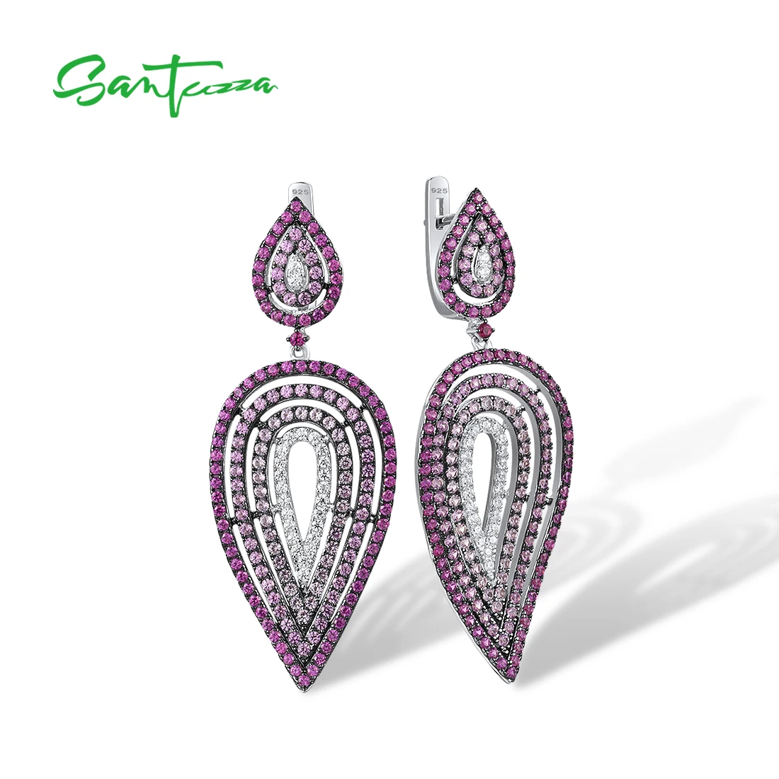 

SANTUZZA Pure 925 Silver Dangling Earrings For Women Sterling Silver Sparkling Created Pink Sapphire Ruby Geometric Fine Jewelry