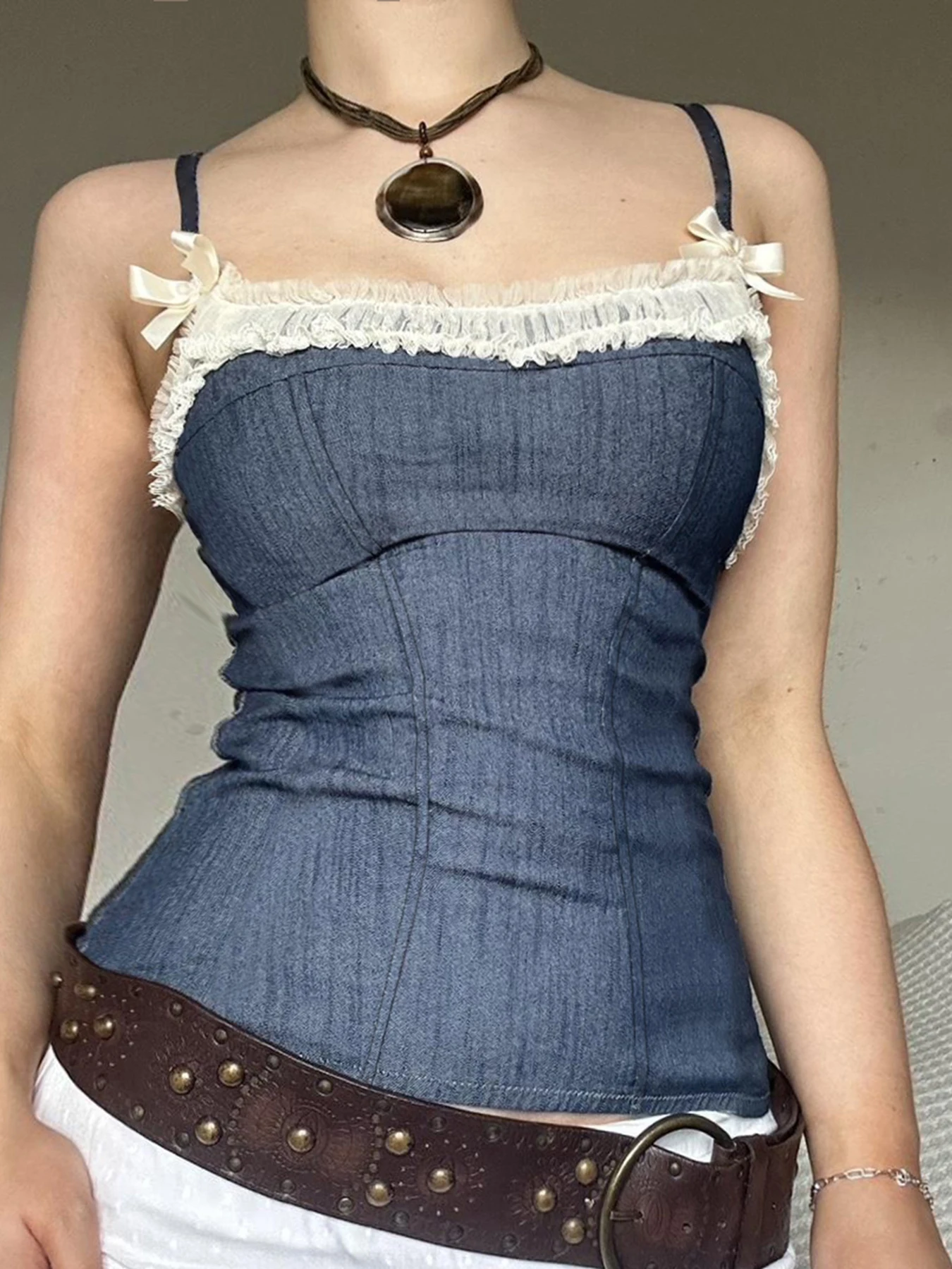 

Rockmore Lace Frills Patchwork Denim Camisole Women Bow Cute Spaghetti Strap Slim Fit Crop Tops Y2K Aesthetic Tank Top Coquette