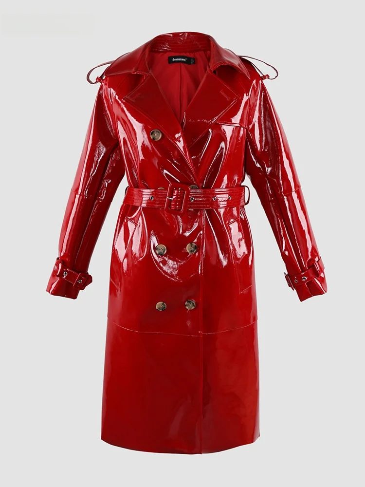 

Кожаная ветровка Nerazzurri из ПУ-кожи для женщин, длинная, с поясом, с рукавами до плеч, красное глянцевое кожаное пальто для повседневной носки, высококачественное.