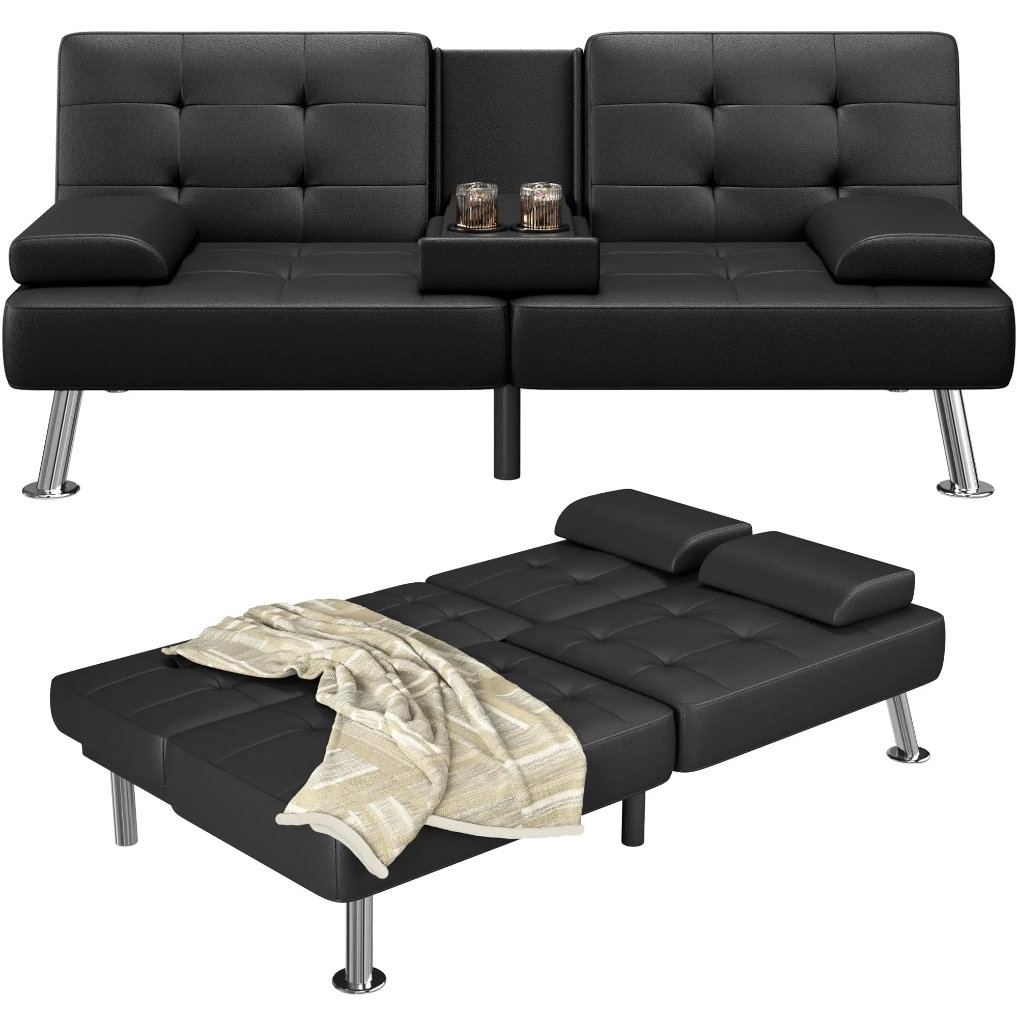Leather Futon Sofa Bed, Adjustable Futon Couch for Living Room | Sleeper Sofa Bed with 2 Cup Holders, Reclining Futon