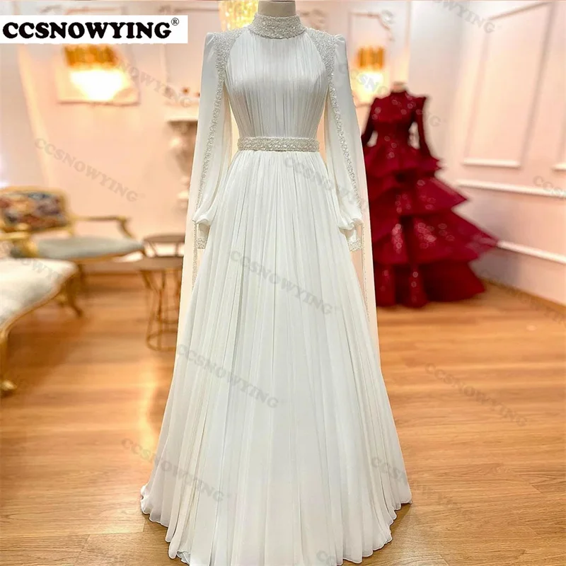 Luxury Chiffon Sequin Beaded Muslim Wedding Dresses Long Sleeve with Cape Islamic Bridal Gown Arabic Dubai Vestidos De Novia