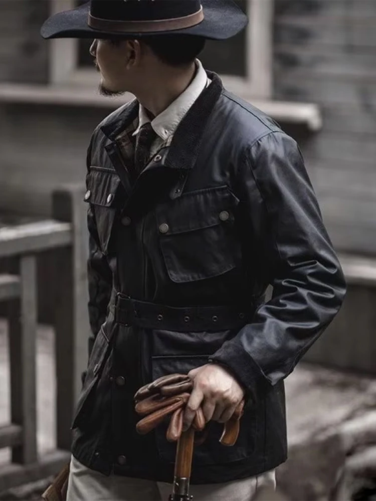 

Retro American Workwear Oil Wax Hunting Jaet Men's Mid-Length Motorcycle Coat Men's Coat Spring Autumn Cotton Blend Fabric