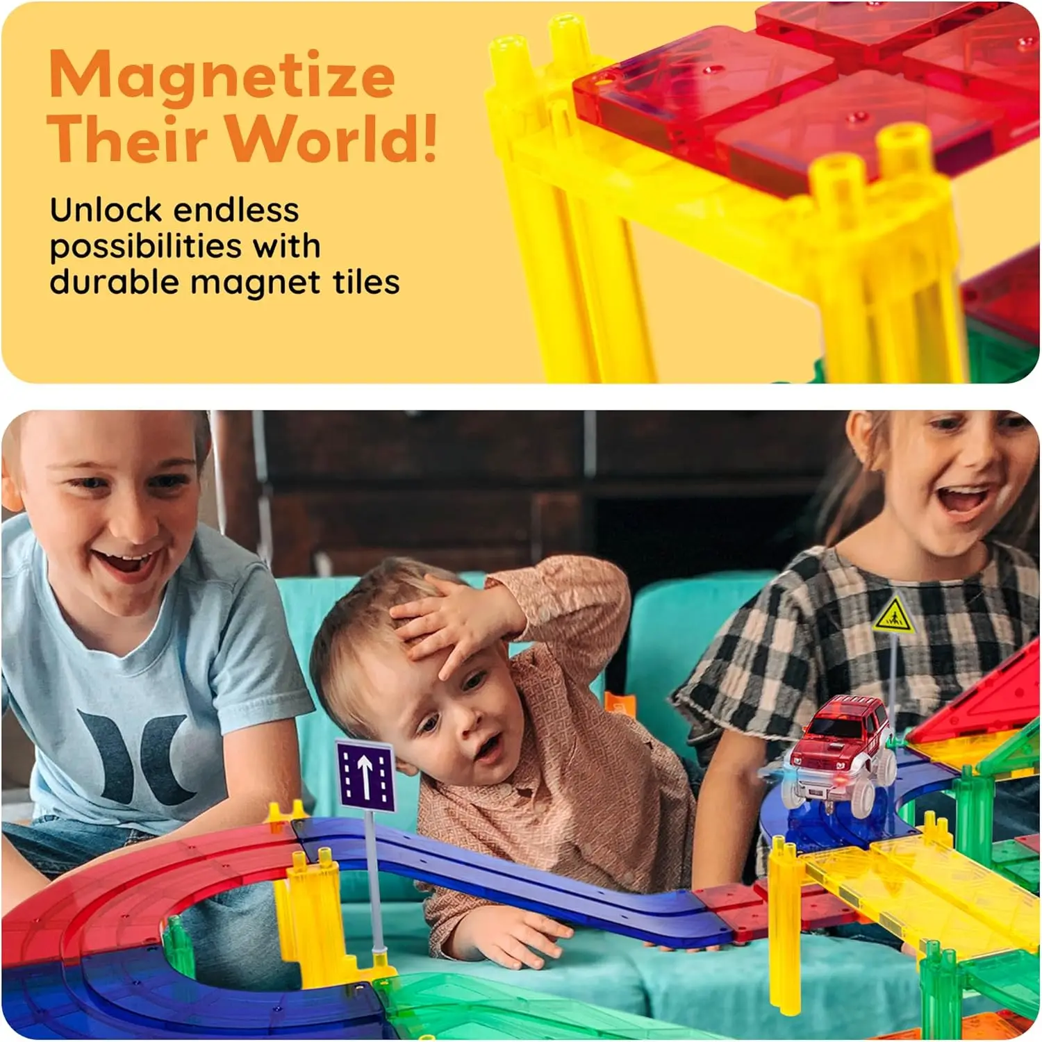 100pc Magnetic Tiles Race Track Building Set with LED Cars Adjustable Roads and Signs STEM Construction Toy Kit for Kids Educati