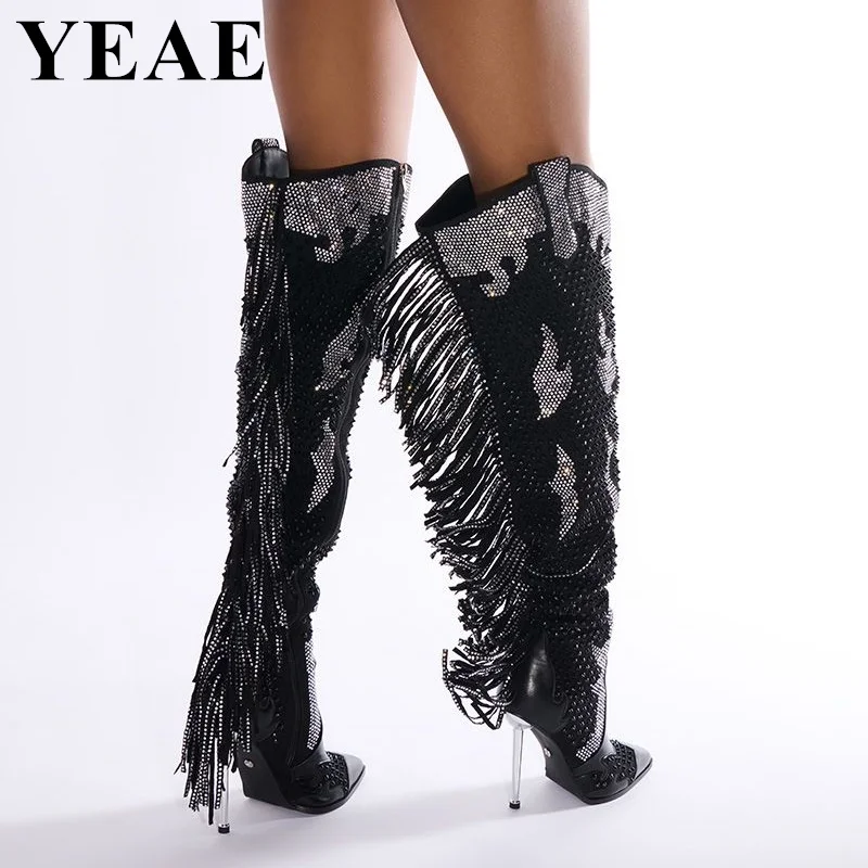 

Lady Black Rhinestone Embellished Over The Knee Boots Fringe High Heel Thigh High Boots Pointed Toe Shoes Woman Party Long Boots