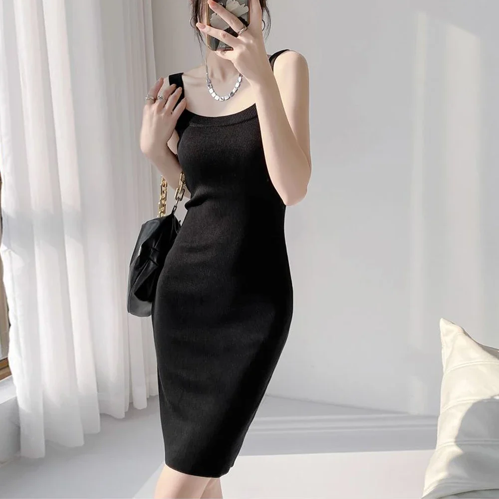 

Girl Cute Sweet Knitted Elastic Suspender Dress Women S-2XL Black Grey Pink Ginger Blue Hip Wrap Skirt Sleeveless MiniDress