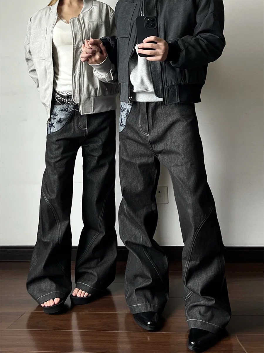 

American High Street Snake Trace A-Line Original Bull Narrow Ear Laser Burn Flower Loose Intarsia Bell Bottom Jeans