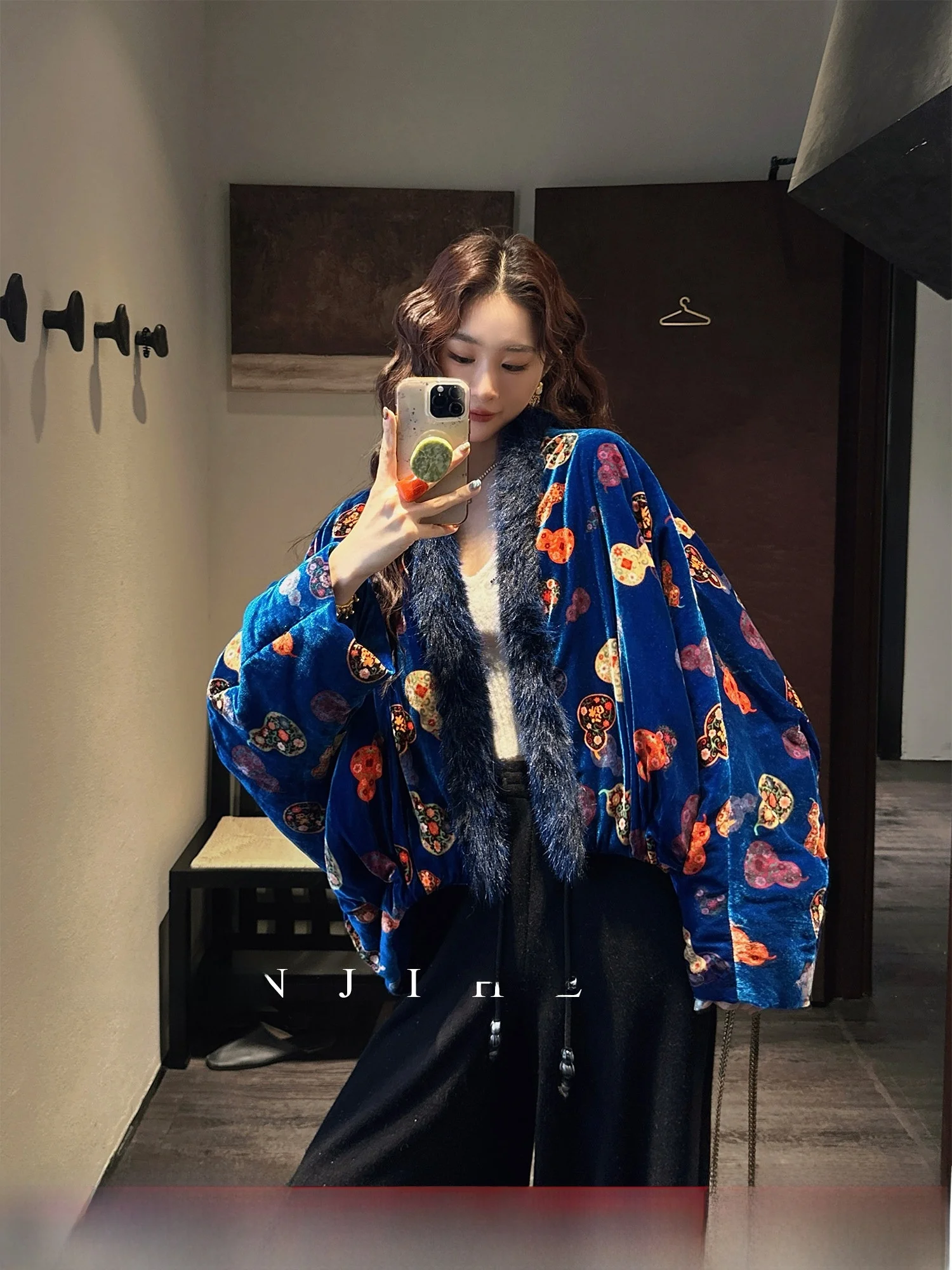 

Sanji Bla Flower New Chinese Sle Velvet ort down Jaet Women's Fur Collar Winter Outerwear High End New Model