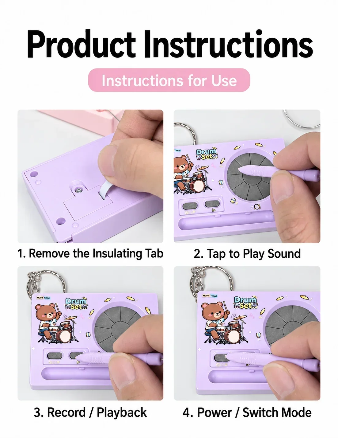 Mini Electronic Drum & Piano Music Keychain, Recordable Touchscreen Cartoon Charm, Fun Stress-Relief Gift