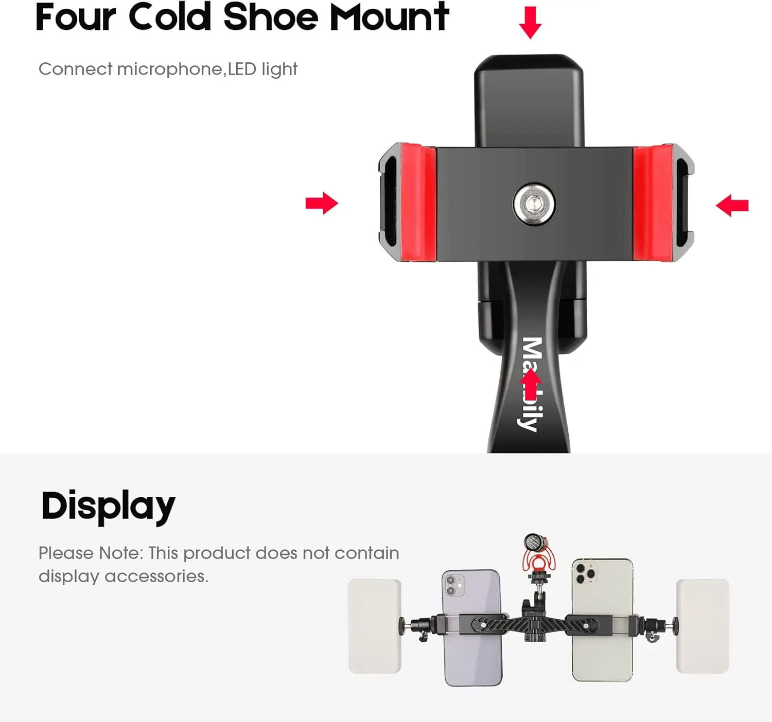 360° Rotatable Dual Cell Phone Holder Clip Clamp 4 Cold Shoe, 1/4\'\' Screw Tripod Monopod Selfie Stick Vlog Live Streaming Video