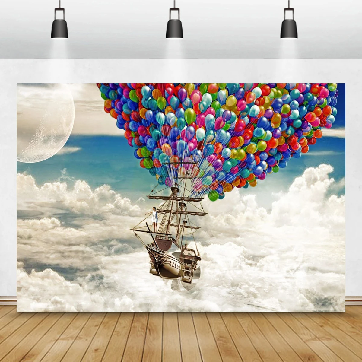 Flying Colorful Balloon Backdrop Rainbow Sky White Clouds Photography Background House Natural Landscape Space Travel Party