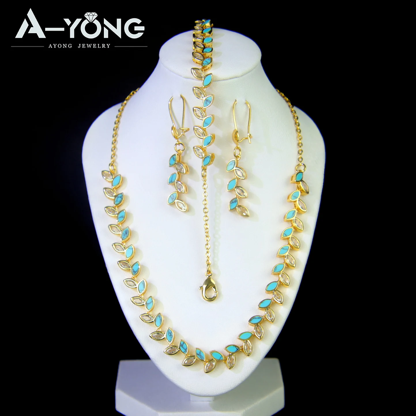 Luxuriöses italienisches Zirkonia-Schmuckset, 21 Karat vergoldet, Dubai-Quaste, Blatt-Türkis-Halskette, brasilianischer Hochzeits-Party-Schmuck – Detail 9