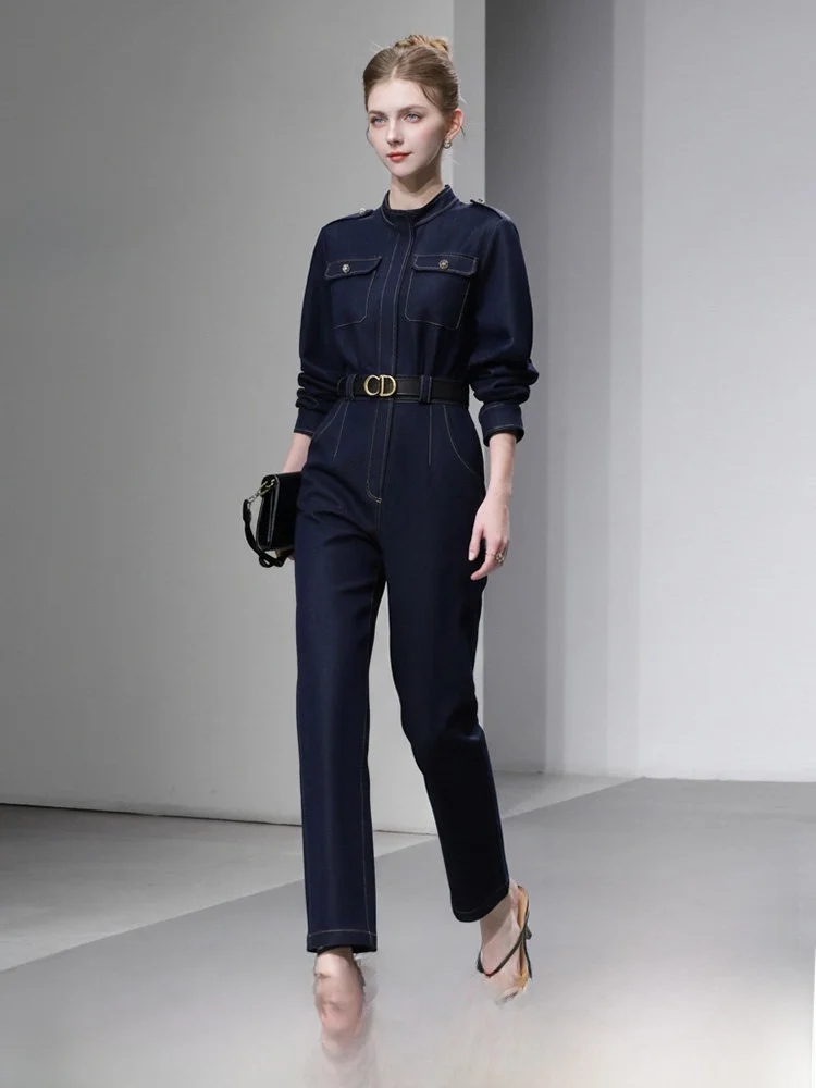 

Spring 2026 Fashionable Shirt Style Wide Shoulder Long Sleeve Denim Overalls Slimming Pants High Waist Workwear Polyester Blend