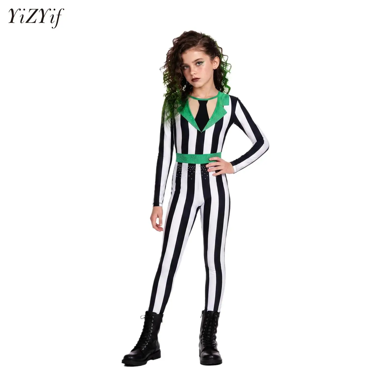 Kids Girls Shiny Rhinestone Jazz Dance Full Length Bodysuit Color-blocked Stripe Jumpsuit Festival Carnival Magician Costume