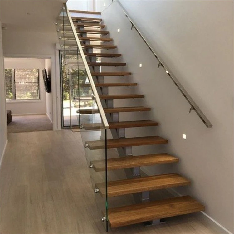 Easy Metal Wood for Second Floor Indoor Straight Wood Staircase Central Stringer Durable Iron Steel with Glass Railing