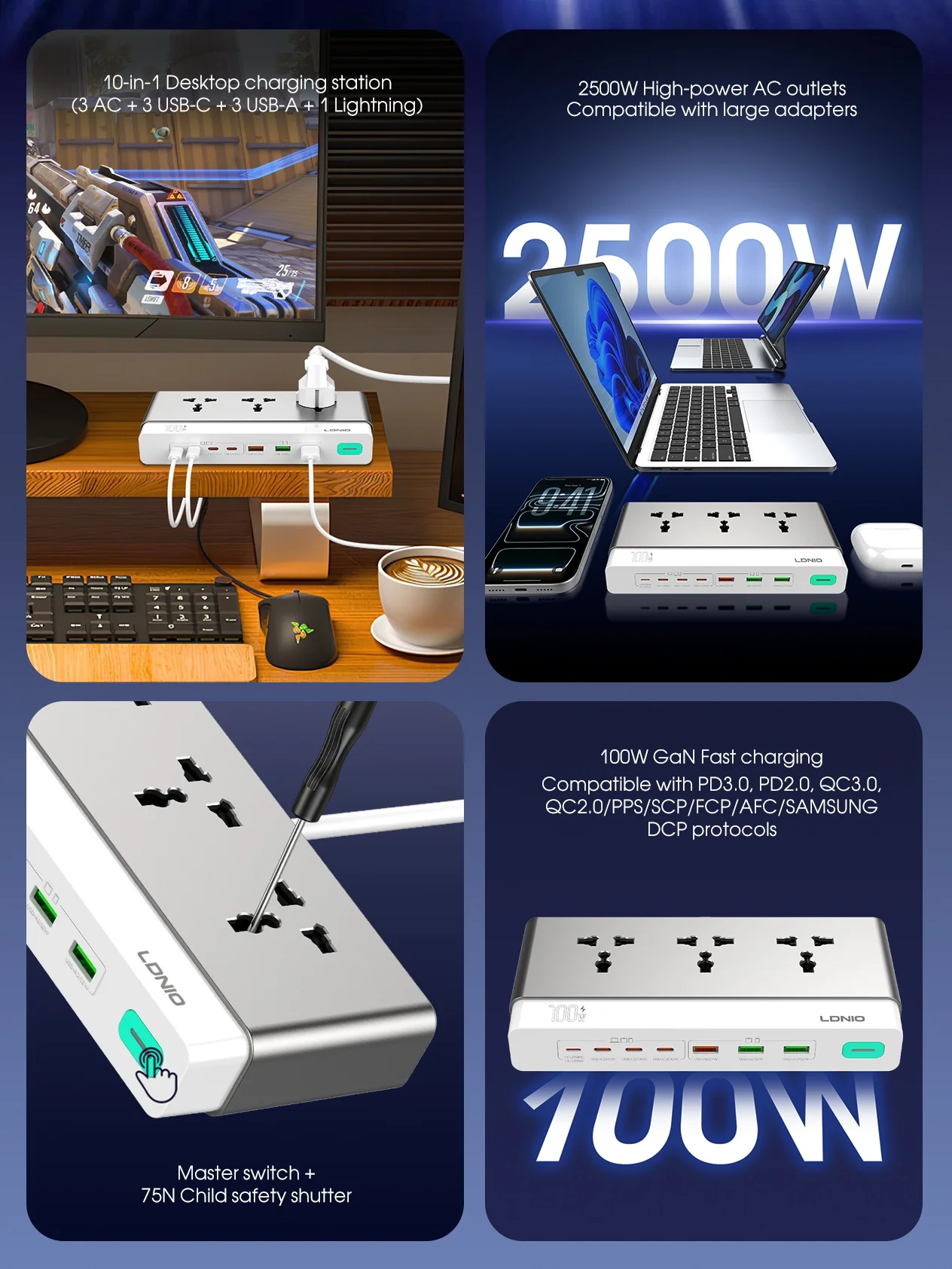 LDNIO 100W Travel Power Strip 3 AC Outlets 5 USB Ports Type C 2M Power Extension Multi Socket 2500W with Switch for Home Office