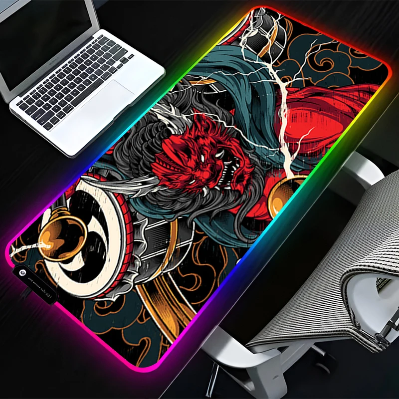 RGB LED Mouse Pad Computer Desk Accessories Mouse Mat Rubber HD Keyboard Pad Non Slip Oni Hannya Samurai Mousepad Mask Desk Mat