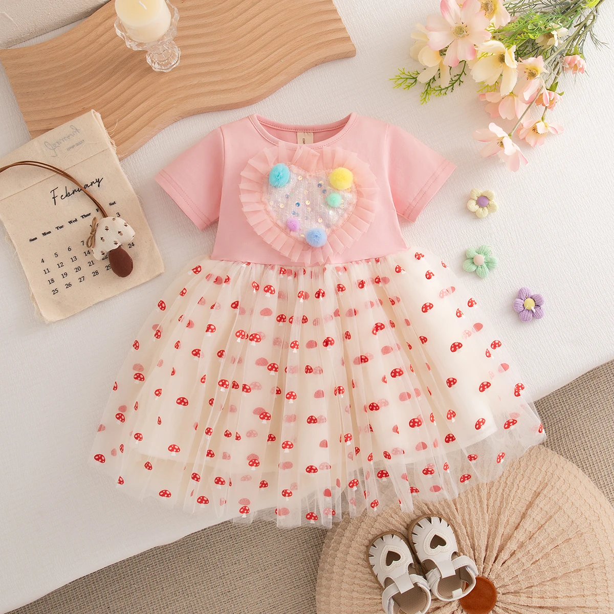 Baby Clothing Summer Love And Mushroom Pattern Sequins Puffy Baby Dresses Cute Casual Baby Girl Princess Dresses